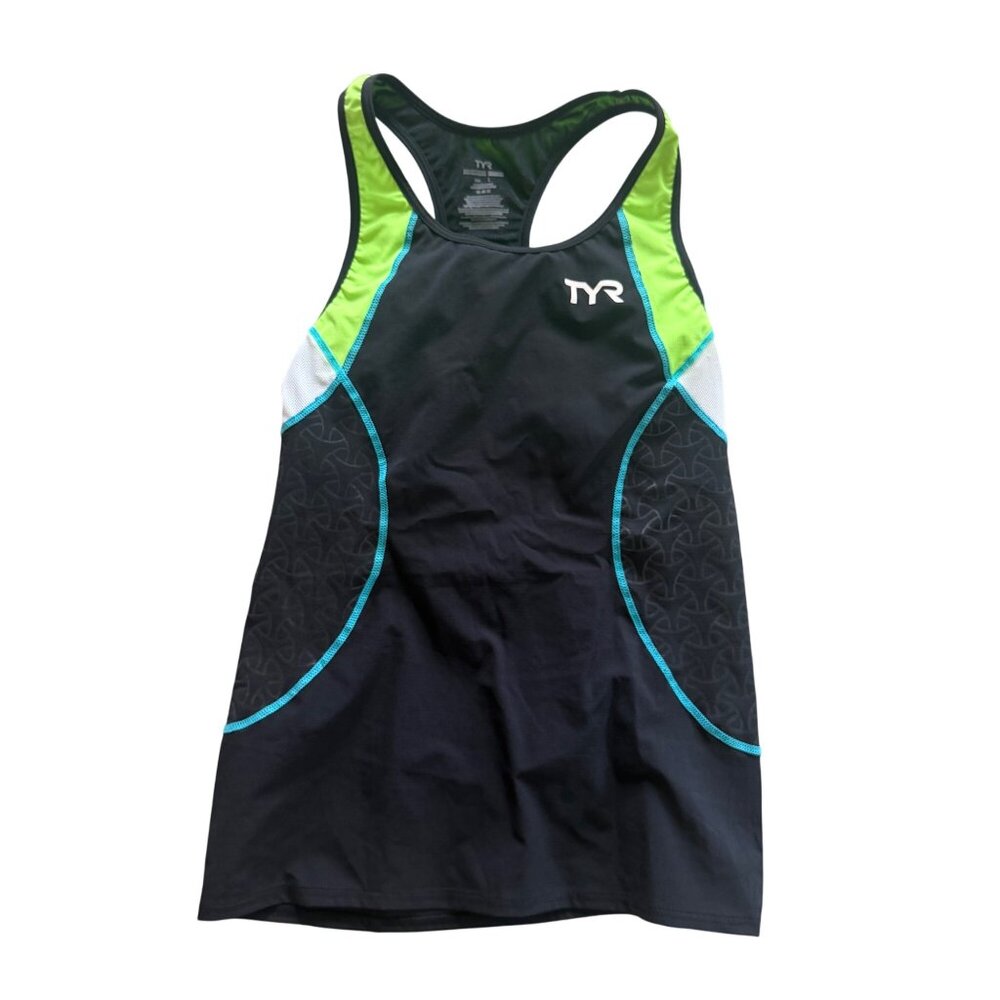 TYR Womens Competitor Compression Tank Top L Black/Green/Blue Racerback Polyeste